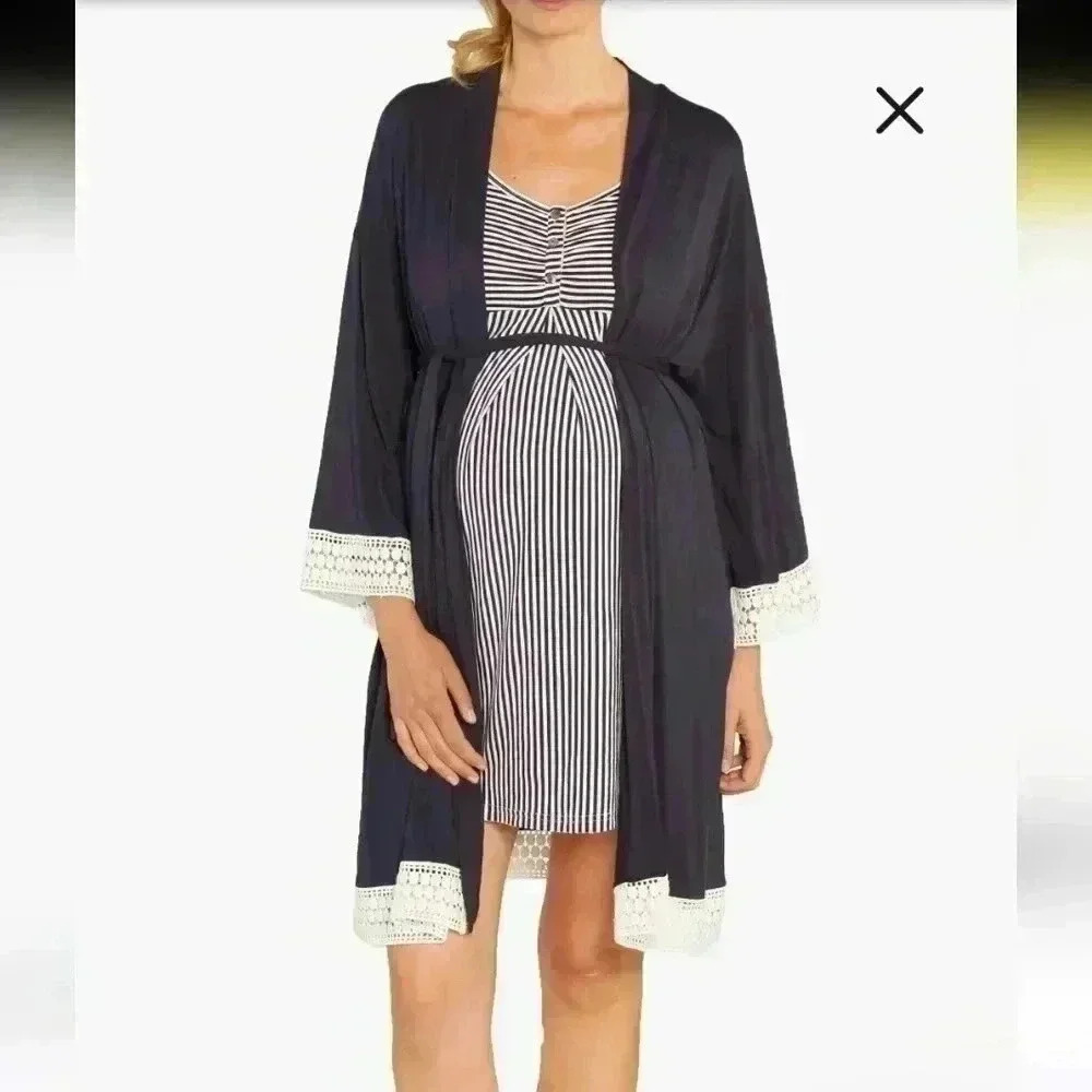 Angel Maternity Nursing Robe Navy White Crochet Size SMALL Pockets No Belt NEW